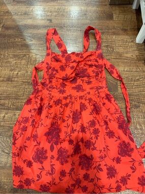 Free People Red Floral Dress with Smocked Top and Tie Back w/ Adjustable Straps
